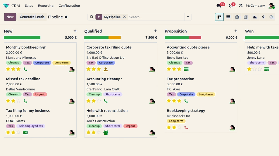 Schermafbeelding van Odoo CRM